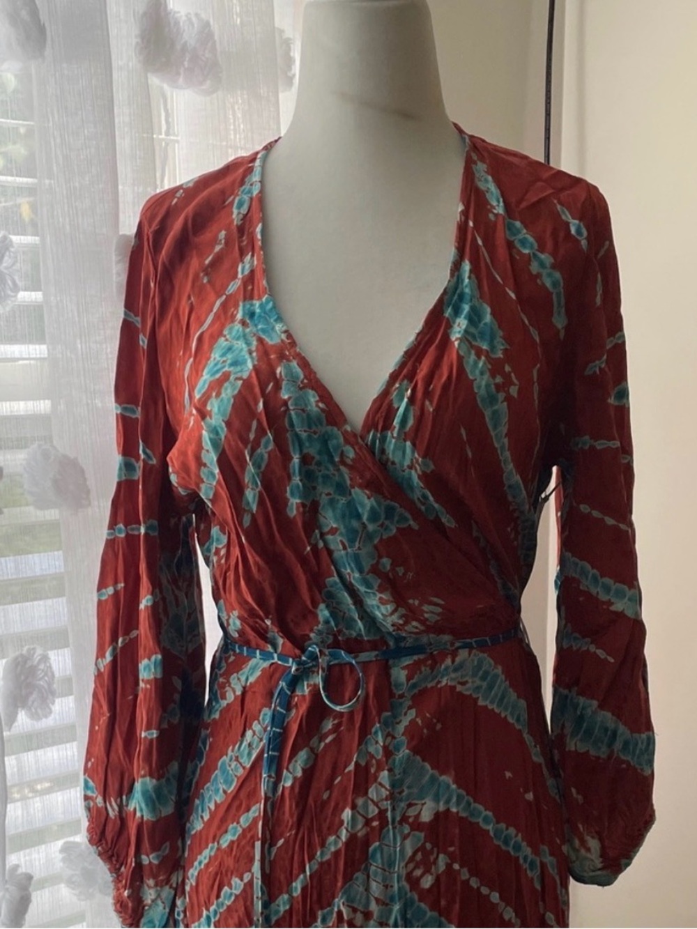 Rust and Teal Tie-Dye Maxi Dress — Lightweight Open-Front Style